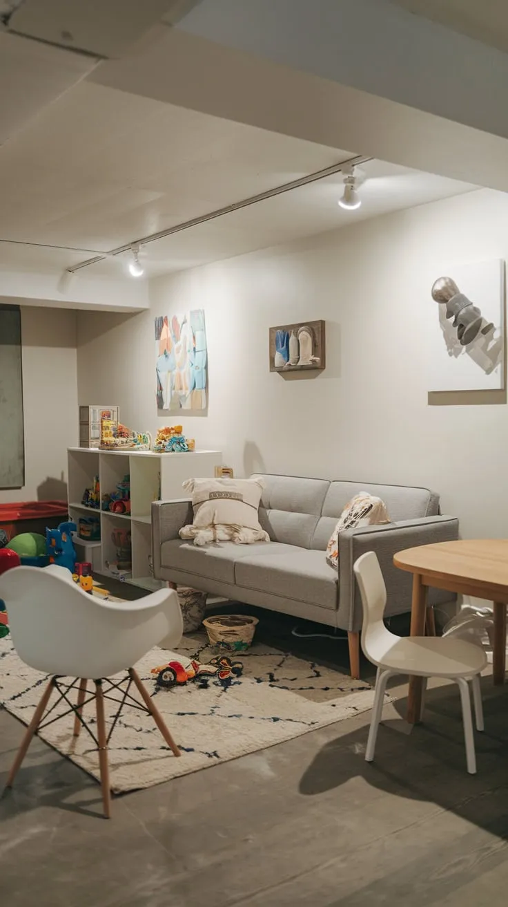 Bright Modern Basement Playroom with Cozy Furniture