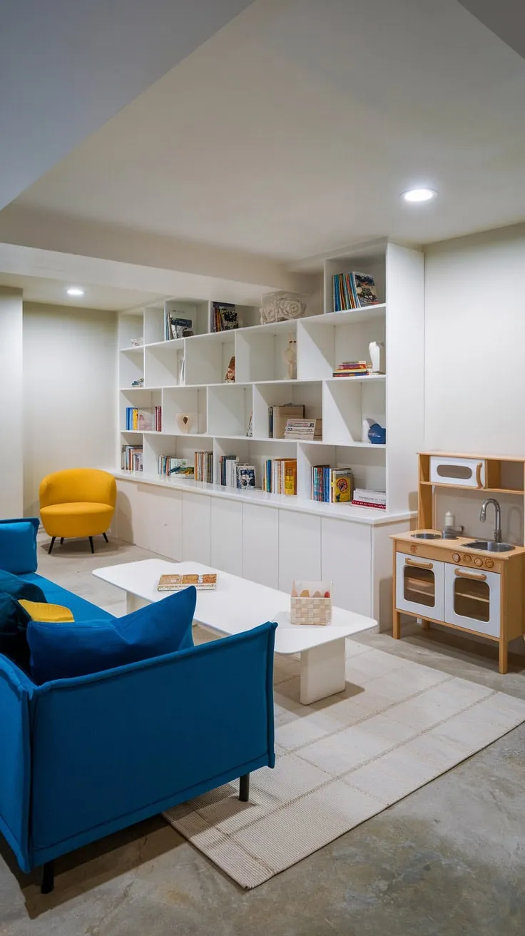 Bright Modern Basement Playroom with Cozy Decor