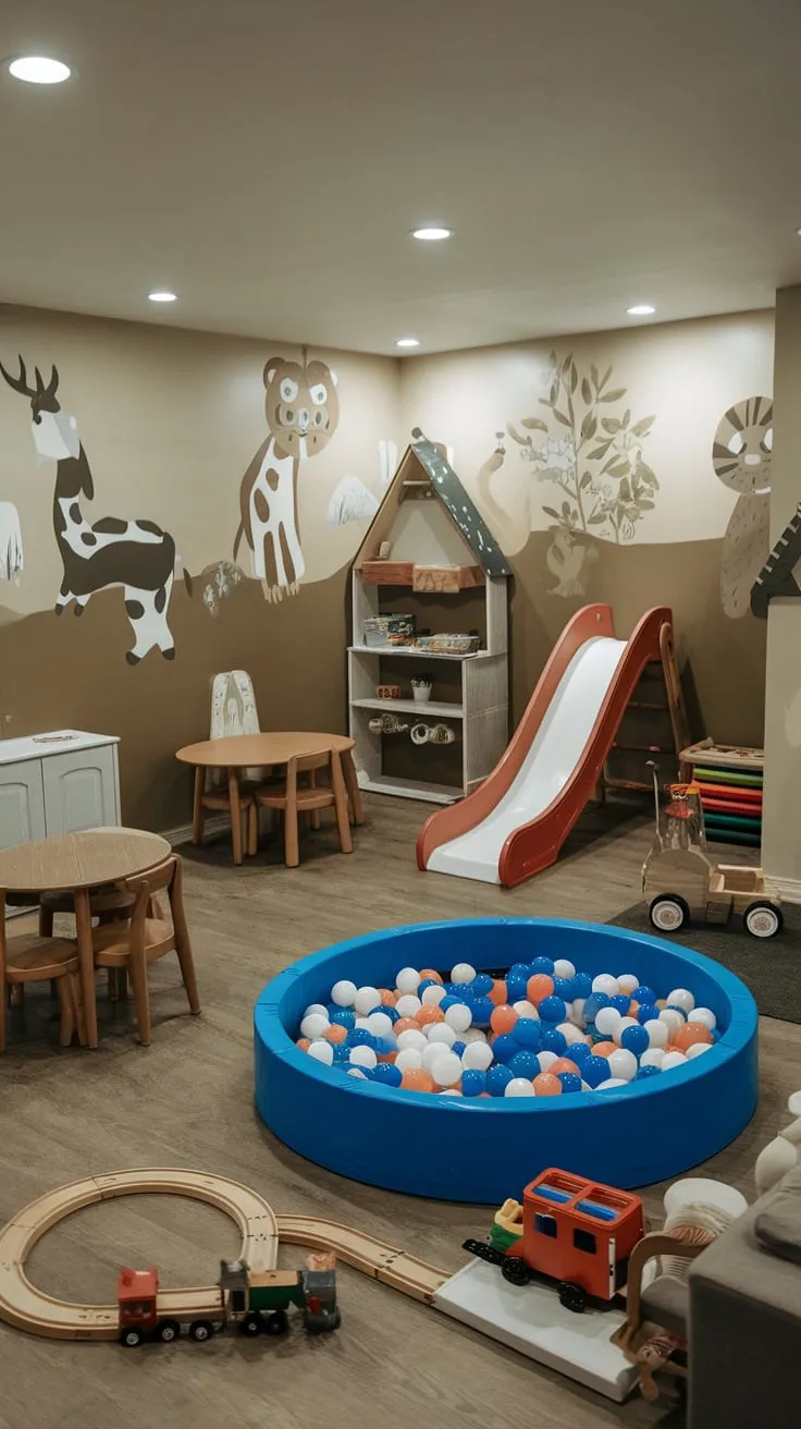 A wooden-floored basement playroom, complete with toys, a slide, and whimsical murals, offers a fun and stimulating environment for children.