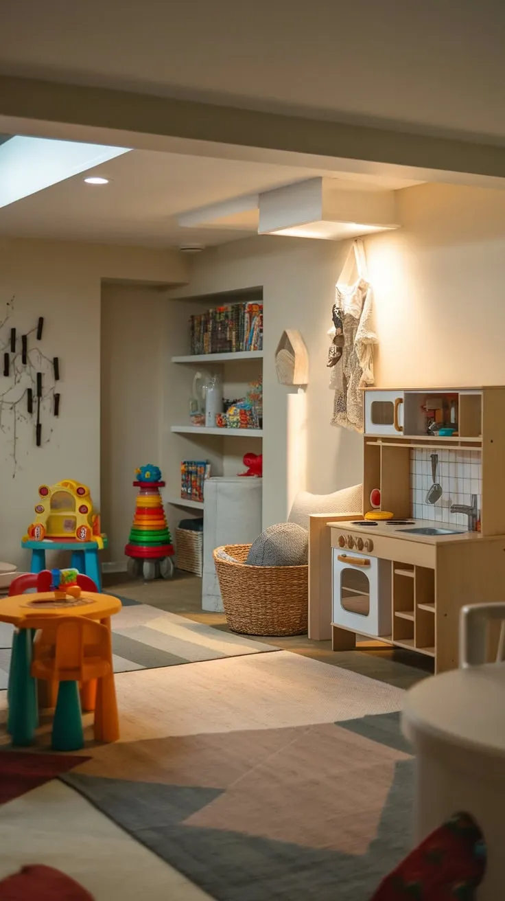 A cozy basement playroom, bathed in soft light, invites imaginative play with colorful toys, a play kitchen, and a comfy reading nook