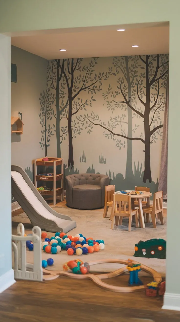 A softly lit basement playroom features a slide, ball pit, train track, and muraled walls, creating a whimsical wooden haven for children's play