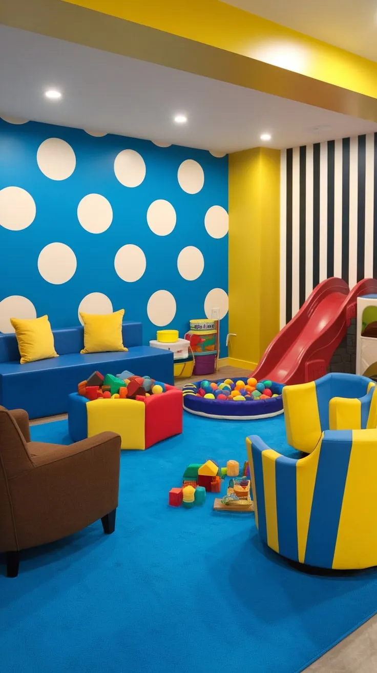A vibrant playroom basement boasts bright blue and yellow walls, colorful seating, and a fun array of toys, creating a cheerful and stimulating play space