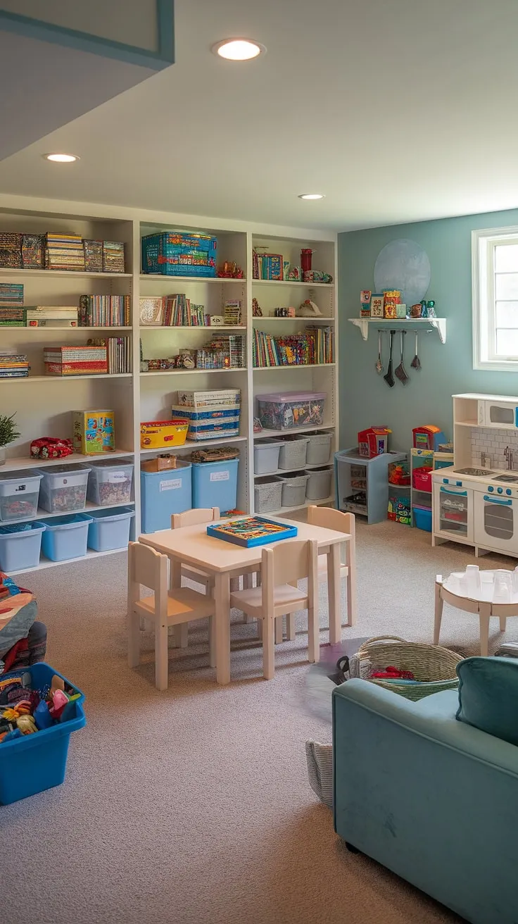 Unleash the fun in this thoughtfully designed basement playroom!  From the vibrant playroom decor and organized basement toys to the inviting playroom furniture and dedicated area for basement games, this kids playroom is a testament to smart basement recreation.  The abundance of natural light and clever playroom organization make this basement space the ultimate children's play area, perfect for basement activities and family fun.  A true example of exceptional playroom design and basement entertainment.