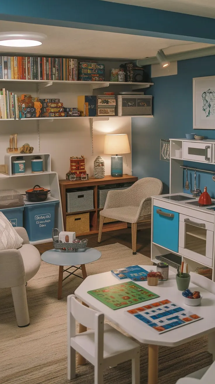This thoughtfully designed basement playroom transforms unused basement space into a vibrant children's play area, brimming with basement toys, board games, and playroom furniture.  The clever playroom organization and inviting playroom decor create the perfect family playroom for basement activities and basement entertainment, offering endless basement fun and basement recreation.