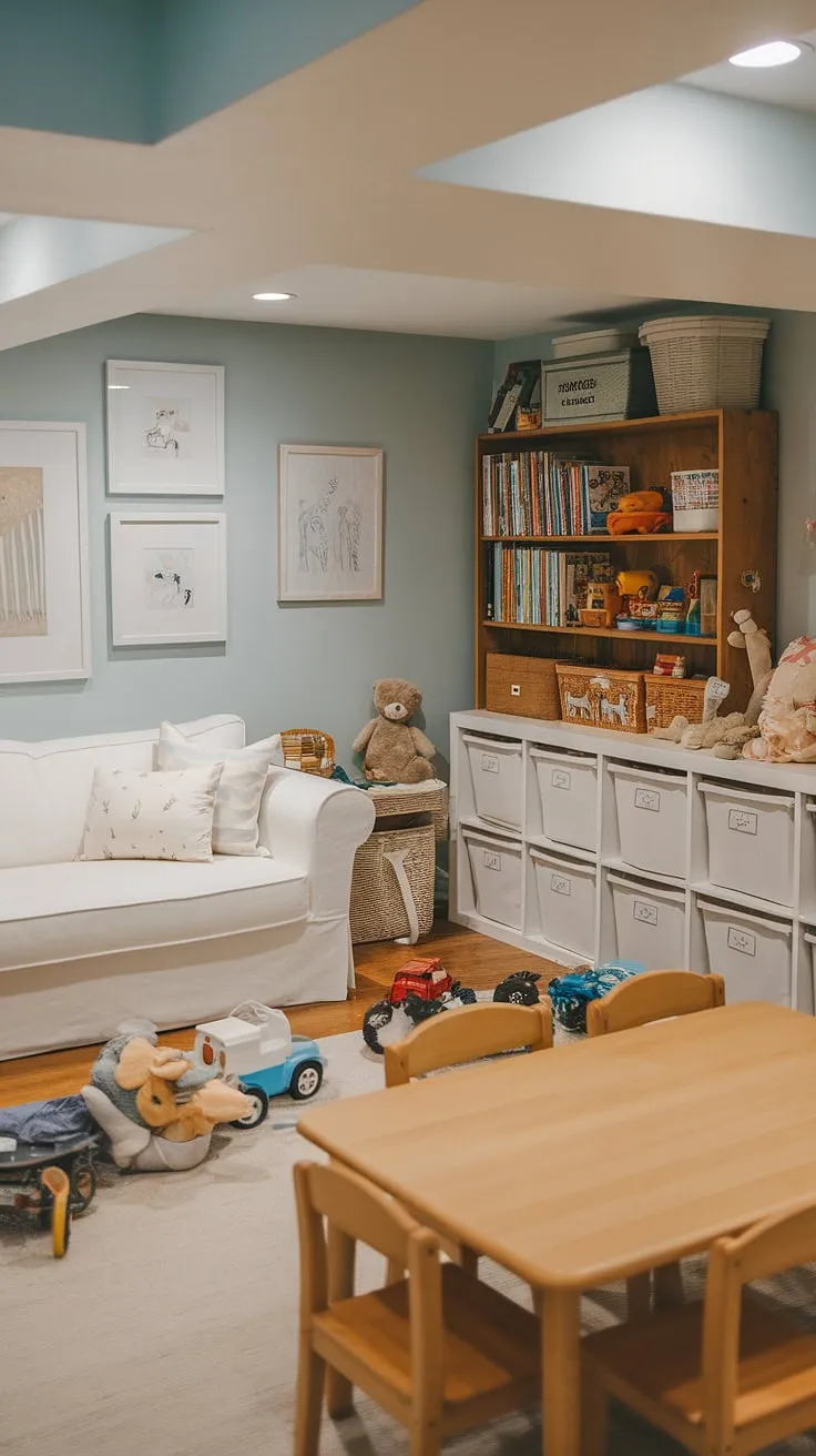 Basement recreation redefined! This basement playroom showcases exceptional playroom design, maximizing basement space for optimal basement activities.  The curated collection of basement toys and playroom furniture, including a comfortable couch and organized storage unit, creates a functional and aesthetically pleasing kids playroom.  From basement games to quiet playtime, this family playroom offers a dedicated children's play area for endless basement fun and entertainment.  The thoughtful playroom organization ensures this indoor playroom remains a haven of playroom decor and joyful memories.