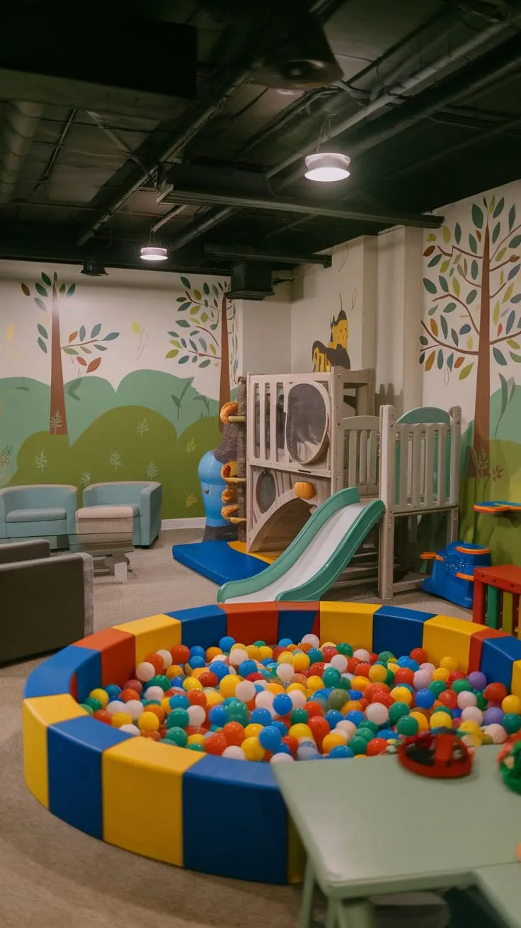 A bright playroom basement delights children with a slide, ball pit, climbing structure, and colorful murals, while offering comfortable seating for adults