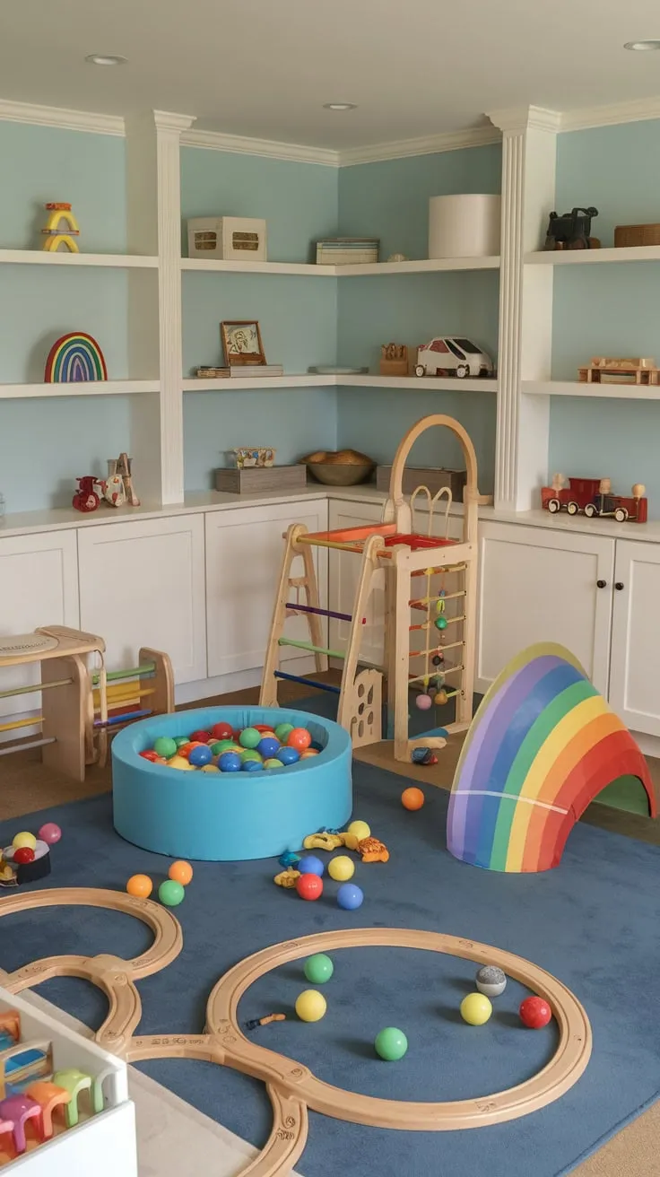 A whimsical basement playroom offers endless adventures with a slide, ball pit, climbing frame, train set, and a colorful array of toys.