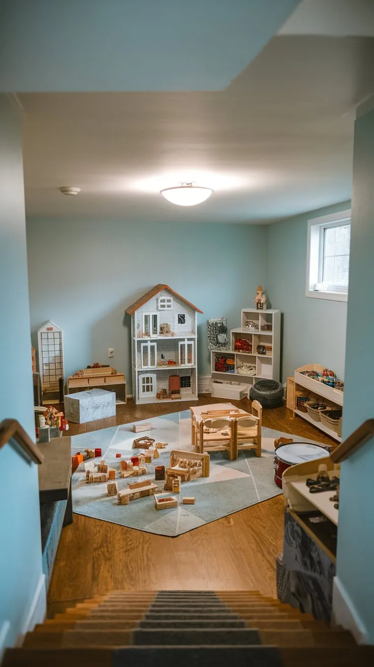 A light-blue basement playroom, complete with toys, a drum set, and wooden floors, offers a fun and stimulating environment for children.