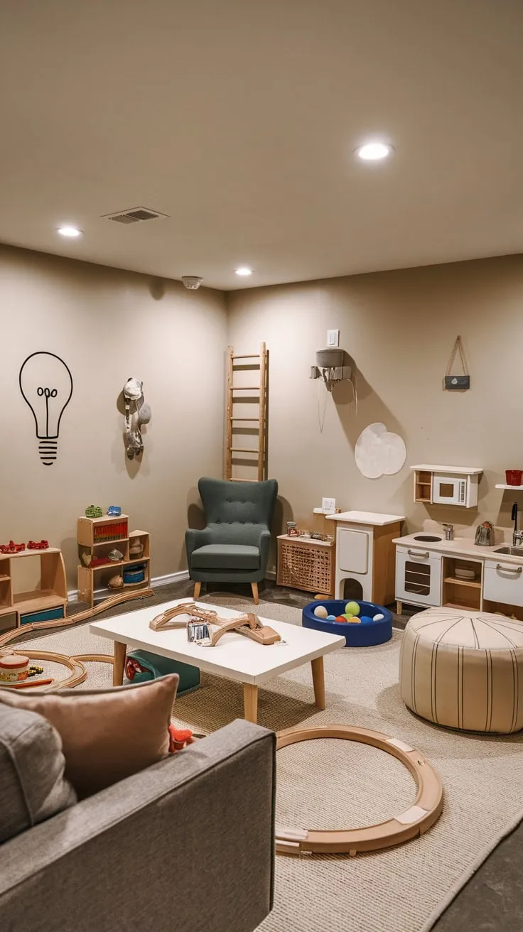 A cozy basement playroom bursts with colorful furniture, toys, and playful décor, creating a whimsical haven for children's imagination