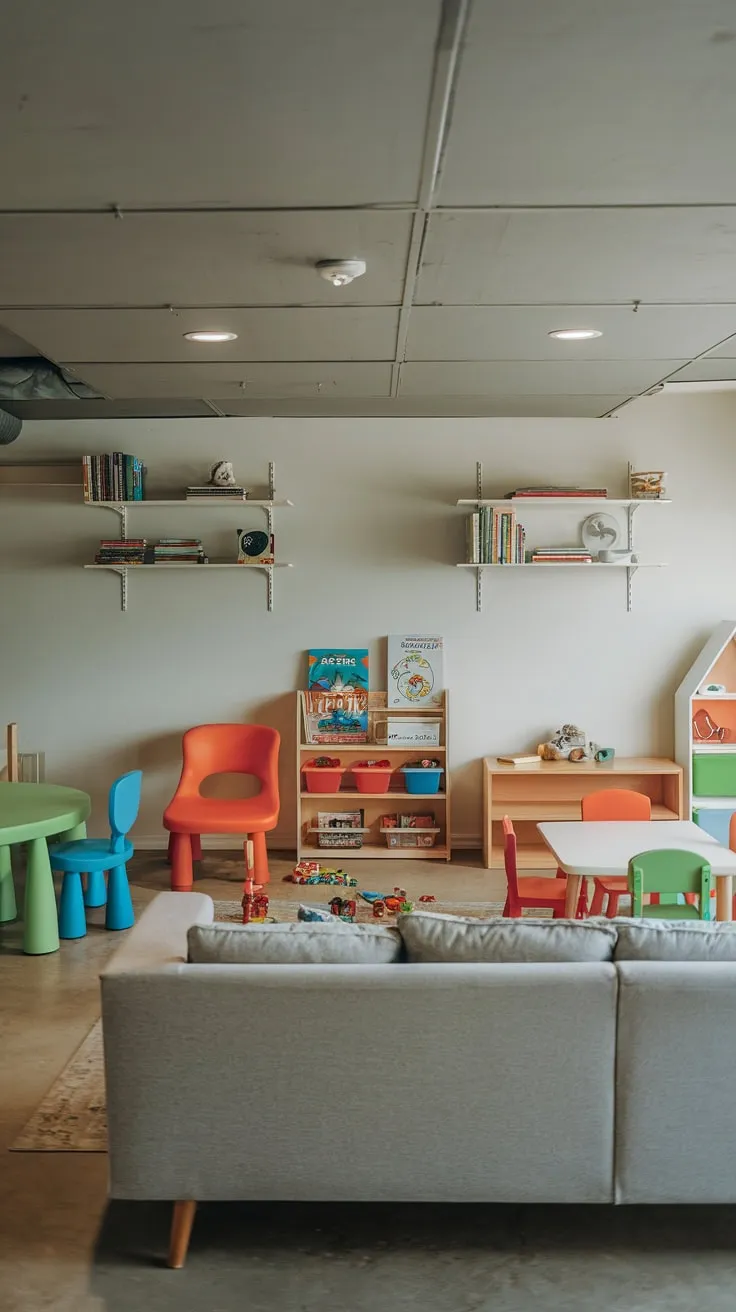 Vibrant Basement Playroom with Cozy Seating and Toys