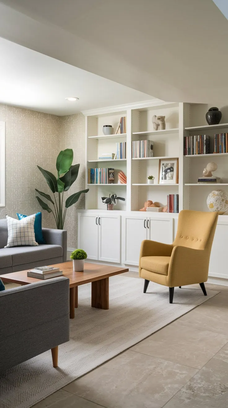 Stylish Basement Playroom with Cozy Furniture and Decor