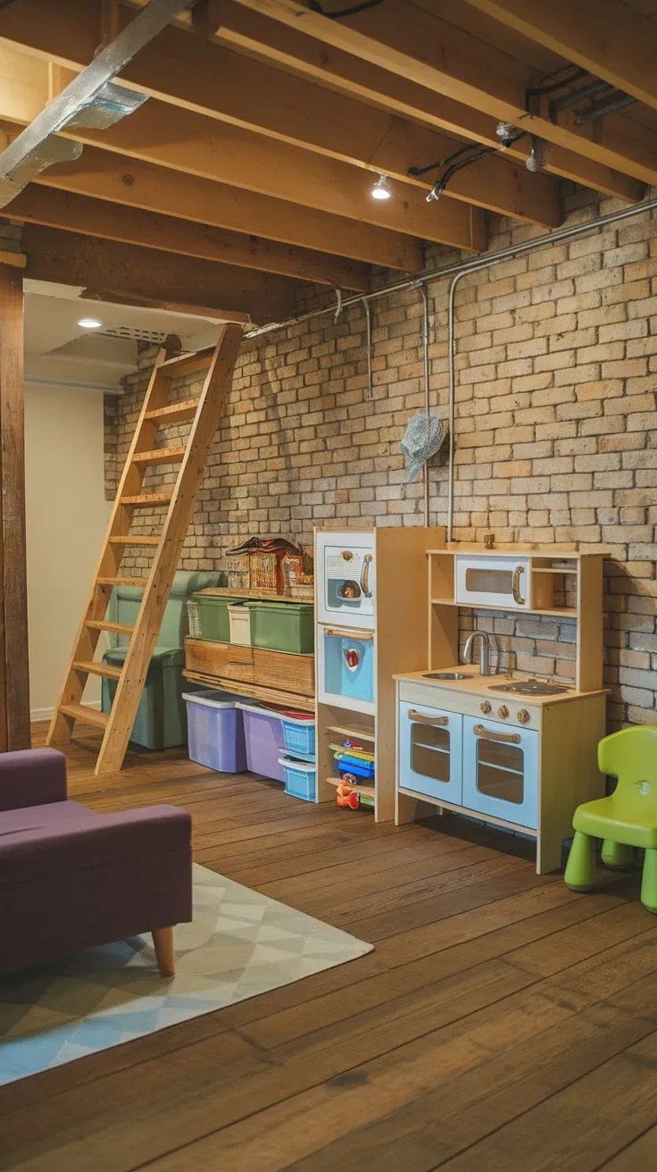 A rustic playroom basement boasts exposed brick walls, a wooden play kitchen and ladder loft, complemented by colorful furniture and ample toy storage.