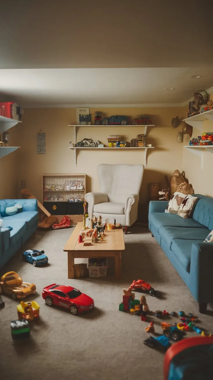 A cozy basement playroom offers a delightful space for imaginative play, filled with toys and inviting seating.
