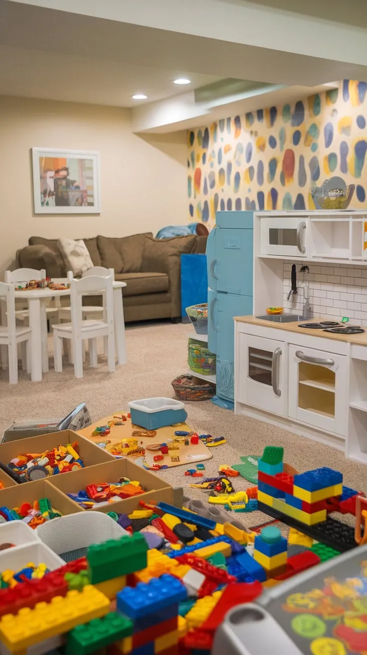 A colorful basement playroom offers a diverse range of toys and a comfortable space for kids to play, eat, and create.