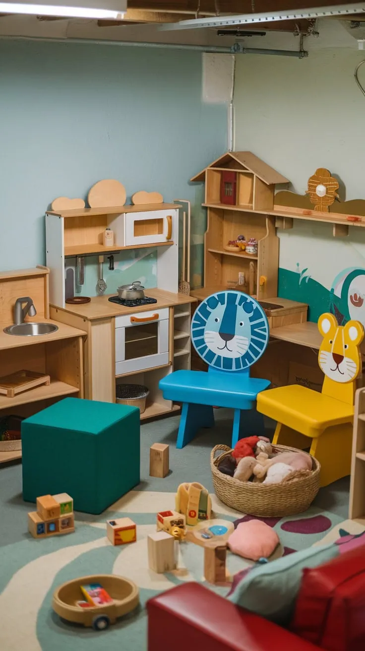 A whimsical light-blue playroom basement bursts with colorful furniture, animal-themed chairs, and a delightful array of toys.