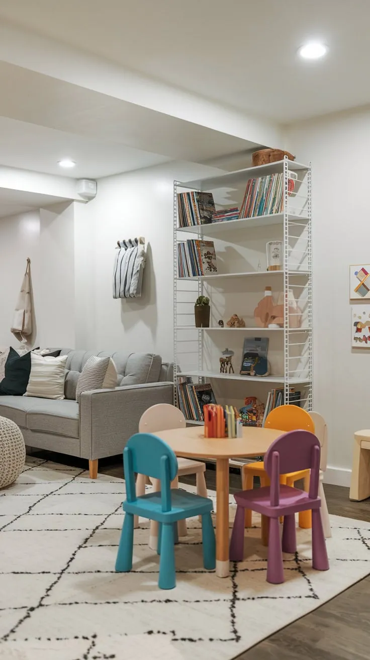 Bright Modern Basement Playroom with Colorful Accents