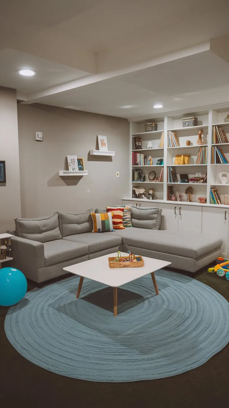 Bright Modern Basement Playroom with Colorful Accents