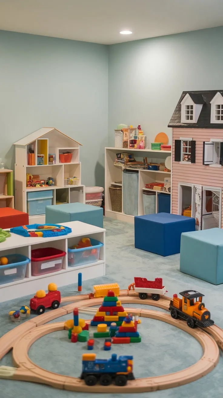 A soft blue playroom basement delights children with trains, blocks, a dollhouse, and comfy seating areas.