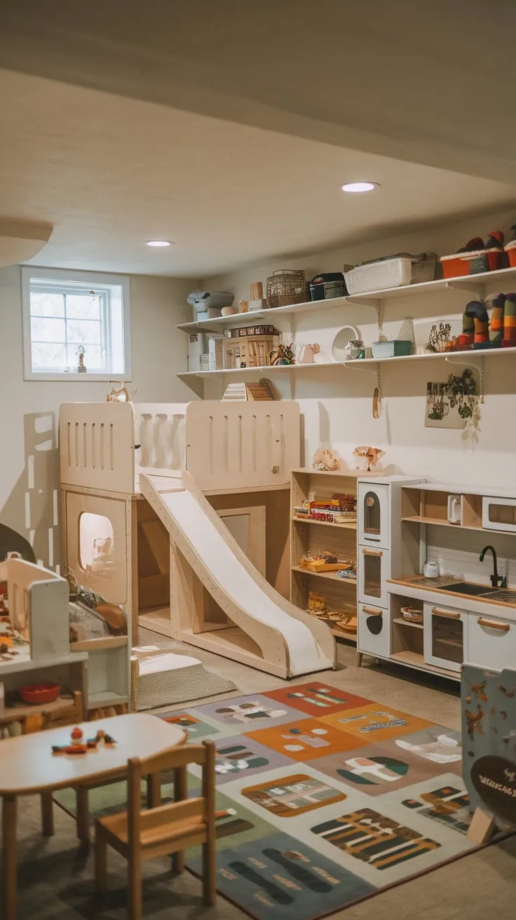A colorful basement haven offers kids a vibrant space for imaginative play with a slide, kitchen, and shelves overflowing with toys.