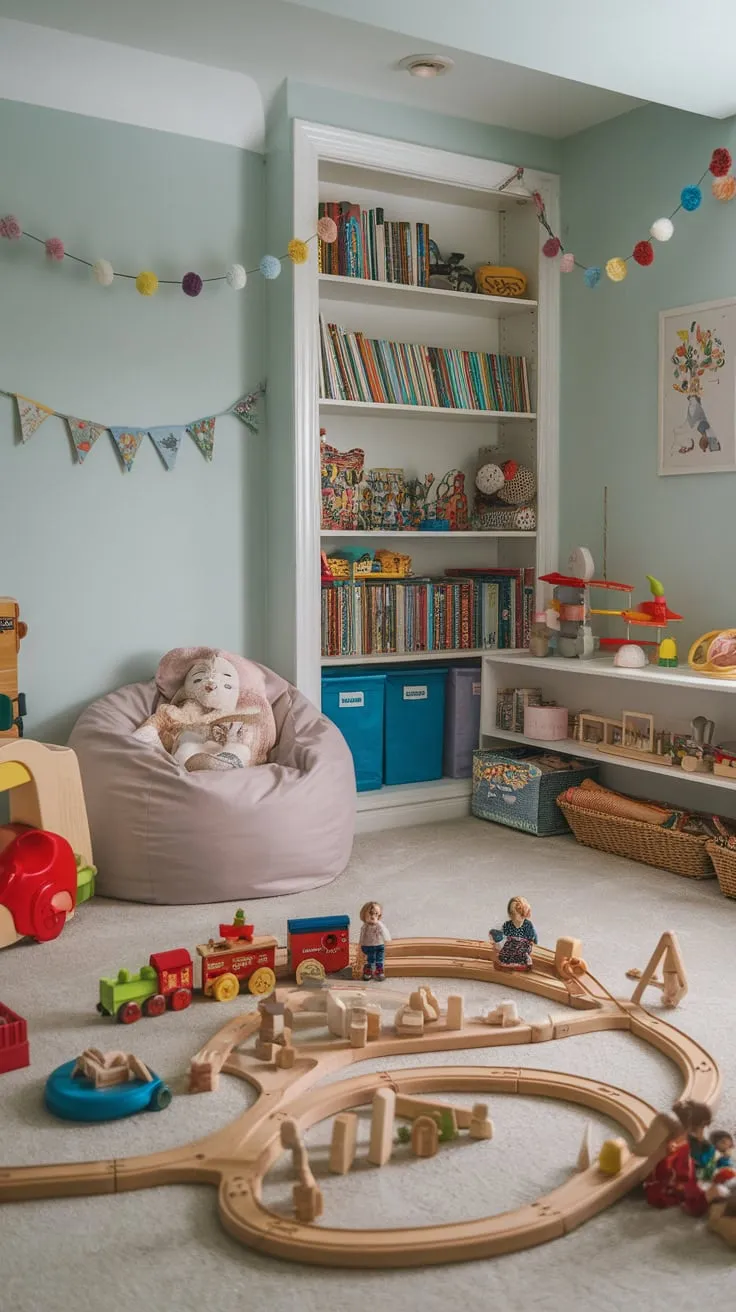 A whimsical light blue basement playroom bursts with toys, books, and a cozy reading nook, creating a child's vibrant haven