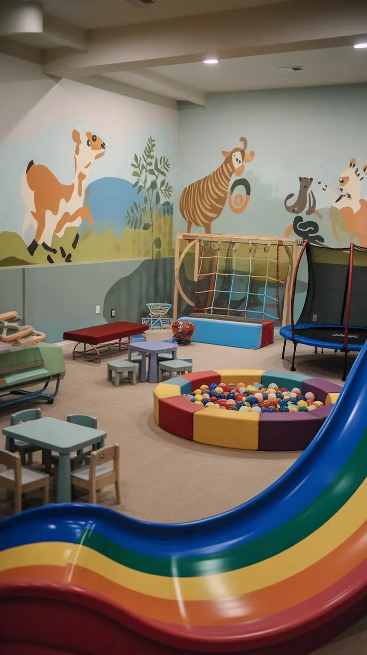 A bright basement playroom boasts a rainbow slide, ball pit, climbing structure, and trampoline, creating a vibrant wonderland for kids.