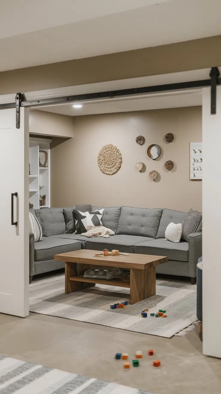 Cozy Modern Basement Playroom with Gray Sofa