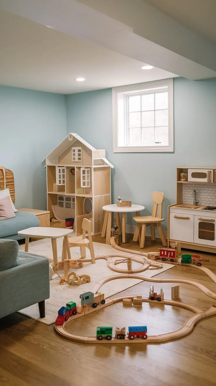 Transforming unused basement space into a vibrant kids playroom! This basement playroom design cleverly incorporates basement games and basement toys into a functional and fun children's play area.  The playroom organization is key, showcasing playroom furniture like a cozy sofa and a playful play kitchen alongside a captivating wooden train set.  This basement recreation space offers endless basement activities and basement entertainment, making it the perfect family playroom for hours of indoor playroom fun.  The light and airy playroom decor, complete with a large window, brightens this basement entertainment area.