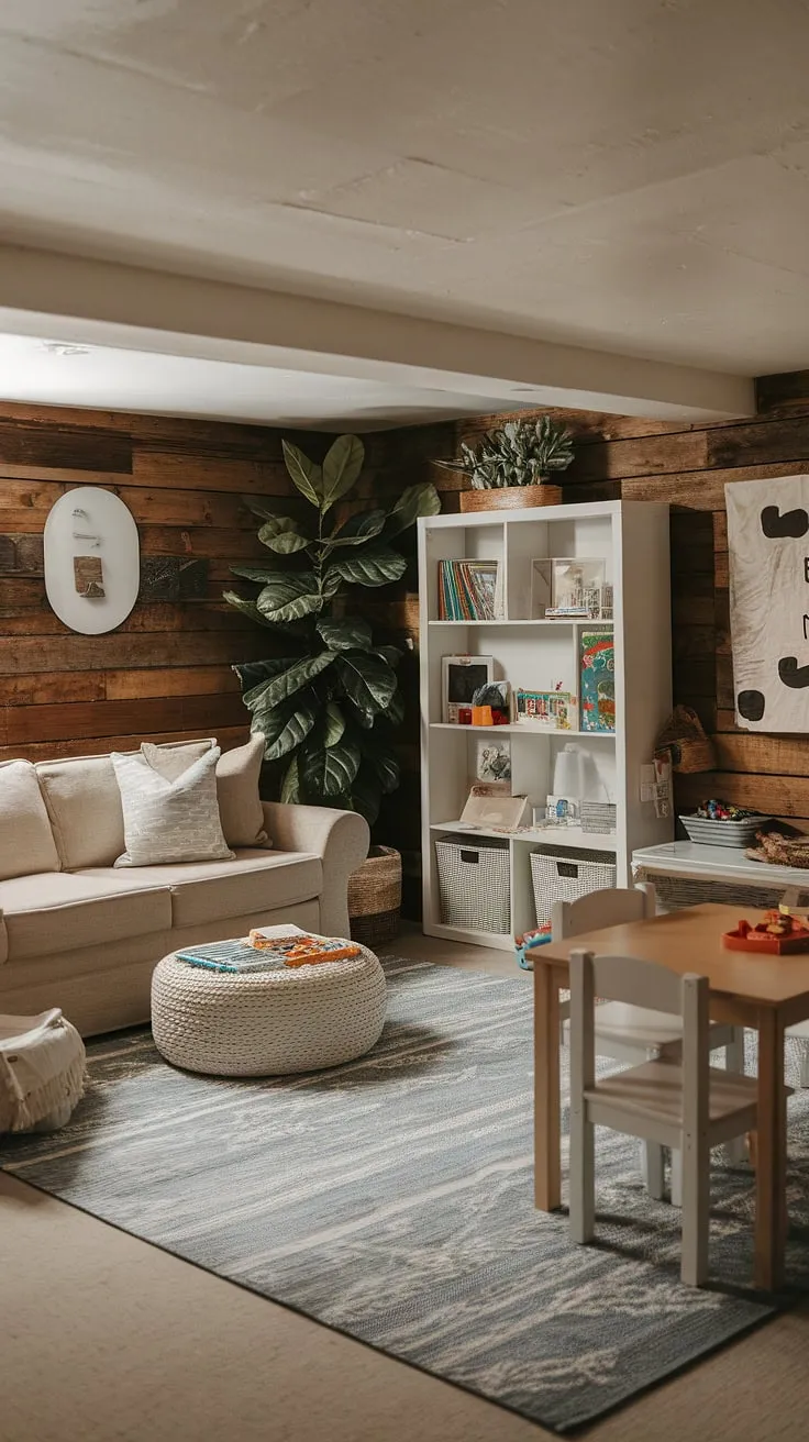 This rustic basement playroom transforms unused basement space into a haven of basement fun for the whole family.  The thoughtful playroom design, complete with cozy playroom furniture and clever playroom organization, ensures this children's play area is both inviting and practical, perfect for basement activities and basement games.  The warm lighting and inviting decor create the ideal indoor playroom and basement recreation space.