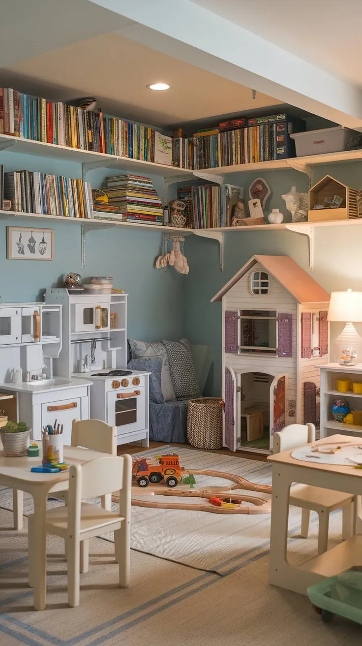 Unleash your child's imagination in this enchanting basement playroom!  This basement games haven features a curated collection of basement toys, thoughtfully arranged with playroom organization in mind.  The soft color palette and inviting playroom furniture create a cozy kids playroom, ideal for basement activities and family fun.  This basement recreation area showcases how a little creativity can transform a basement space into a delightful children's play area, perfect for hours of basement entertainment.  A stunning example of playroom design and playroom decor.