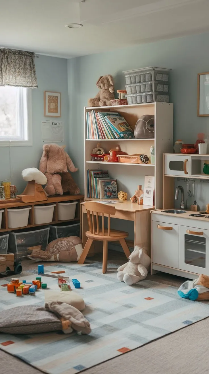 A light blue basement playroom bursts with toys, books, and a playful kitchen, creating a child's haven.