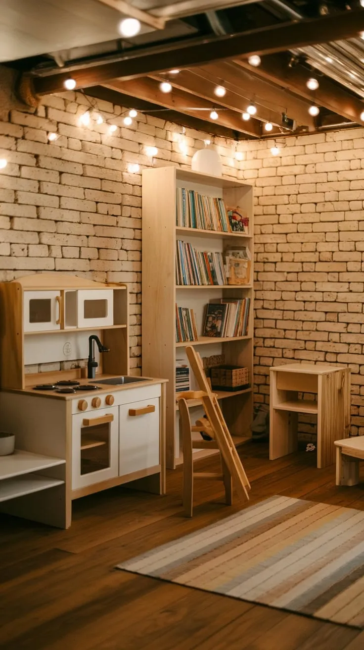 A rustic basement playroom, complete with wooden features, exposed brick, and fairy lights, creates a warm and inviting space for imaginative play