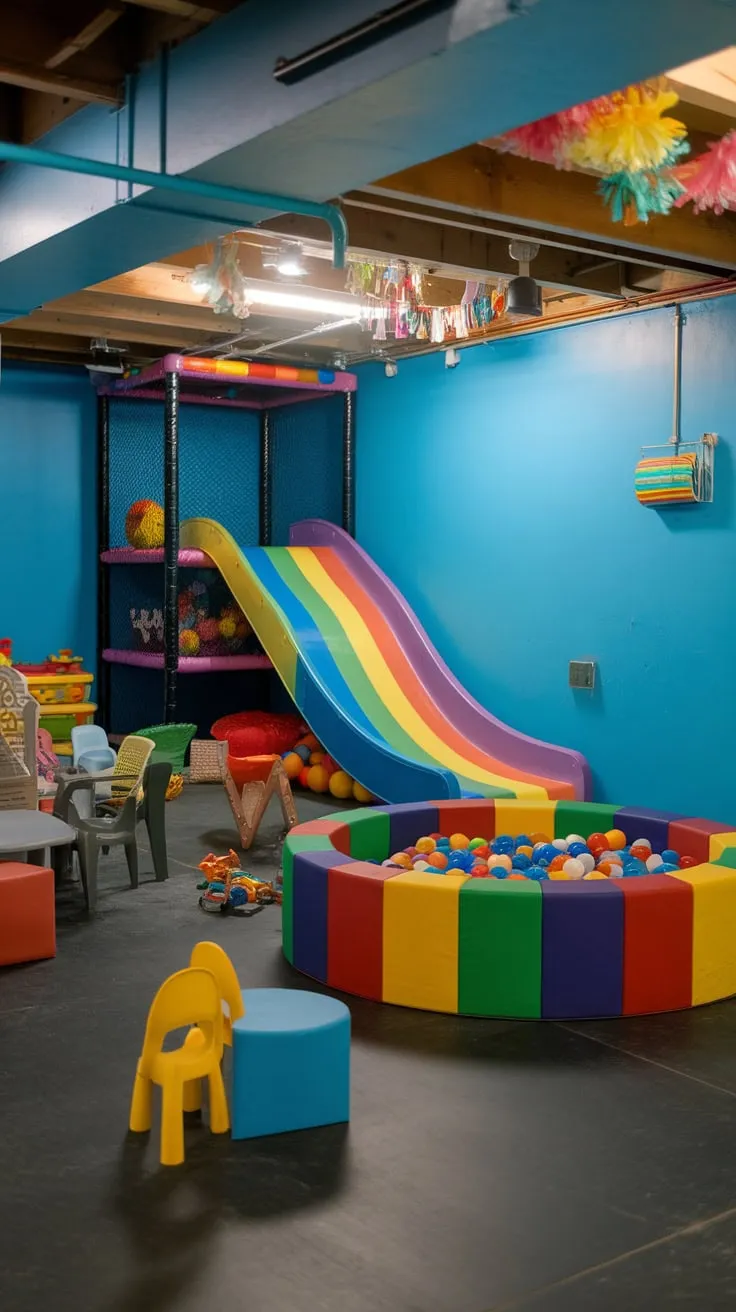 A whimsical basement playroom boasts a rainbow slide, ball pit, and foam pit amidst colorful decorations and scattered toys in a bright blue haven.