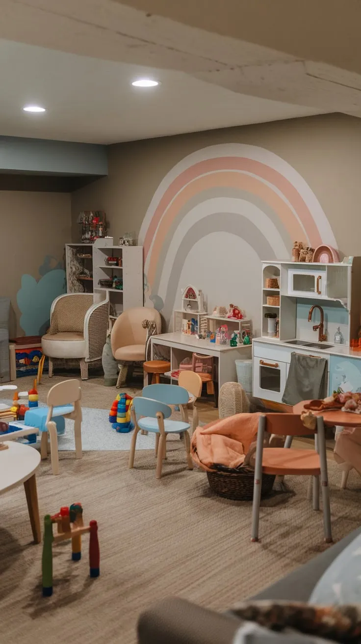 A whimsical playroom basement, bathed in soft light, invites imaginative play with toys, furniture, and a rainbow mural