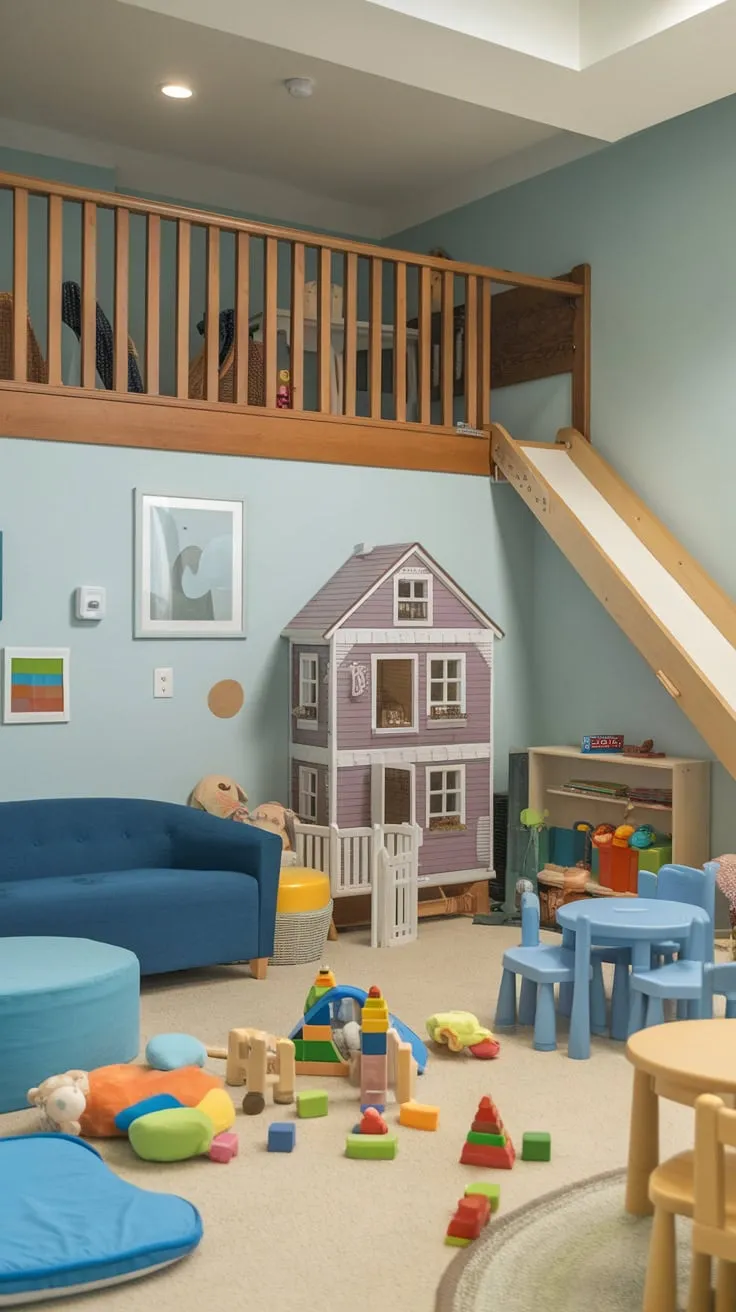 A light blue playroom basement boasts a wooden loft with slide, comfy furniture, and a delightful array of toys for endless fun