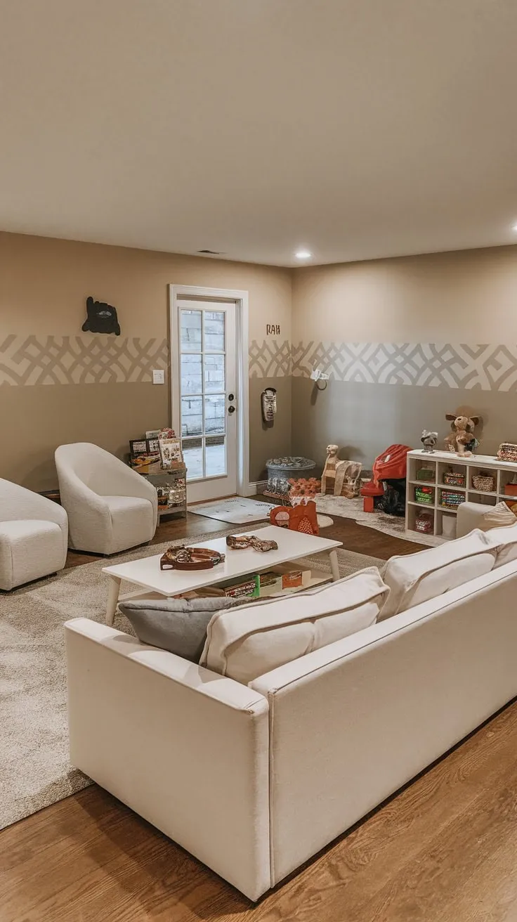 A cozy basement playroom boasts a comfy white couch, toys galore, and a wood floor, offering both relaxation and fun.