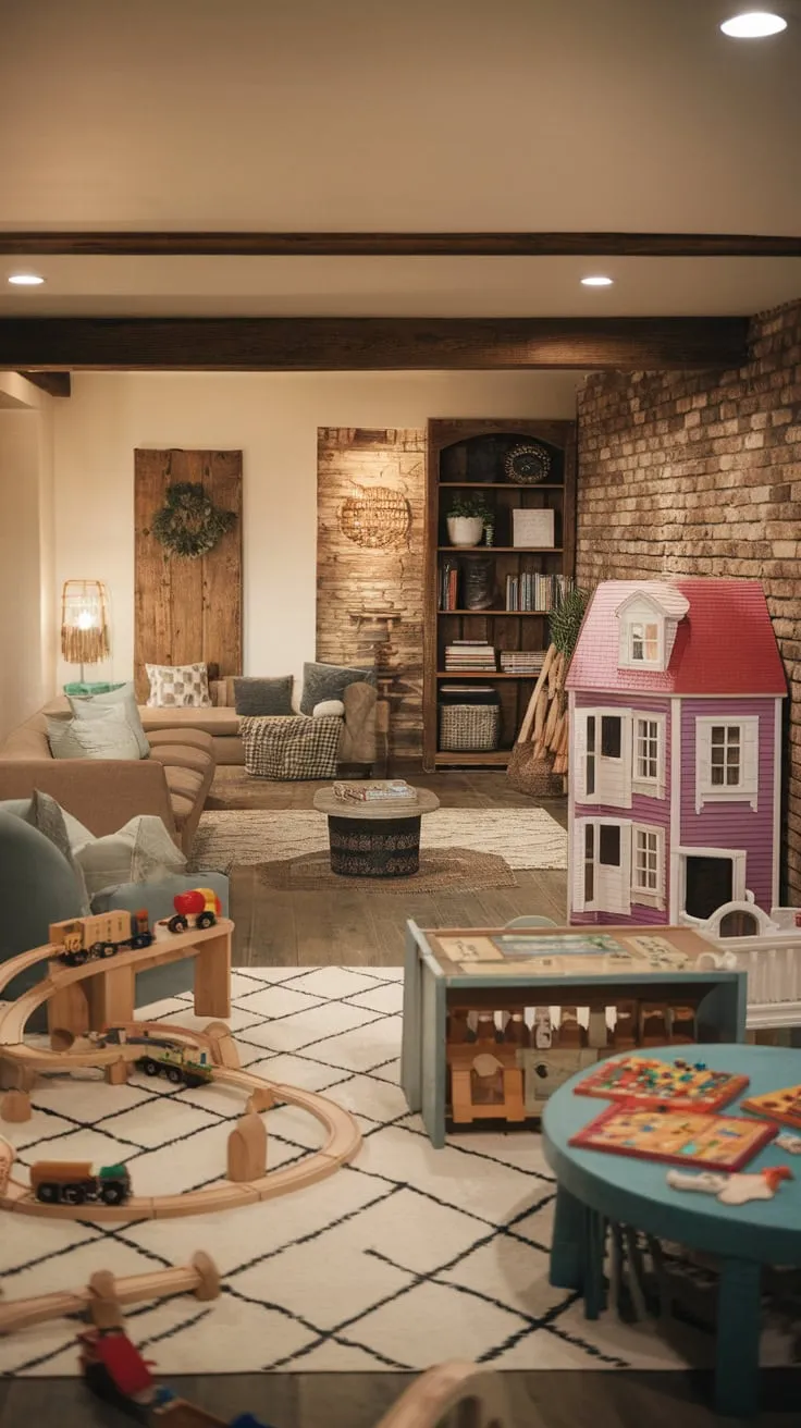 Warm lighting and rustic charm transform a basement into a captivating playroom filled with wooden toys and inviting spaces for children.