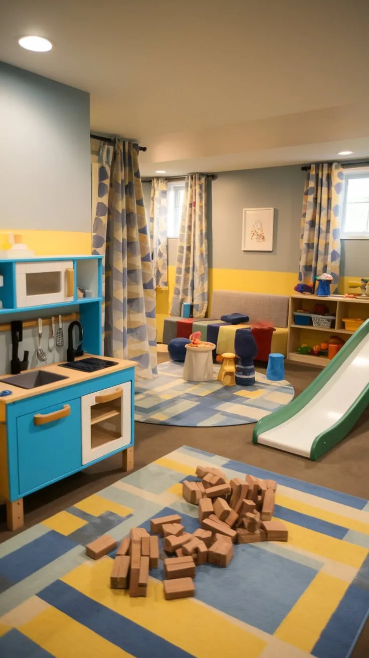A bright basement playroom boasts a cheerful blue and yellow theme, complete with a play kitchen, slide, and ample toys for imaginative fun