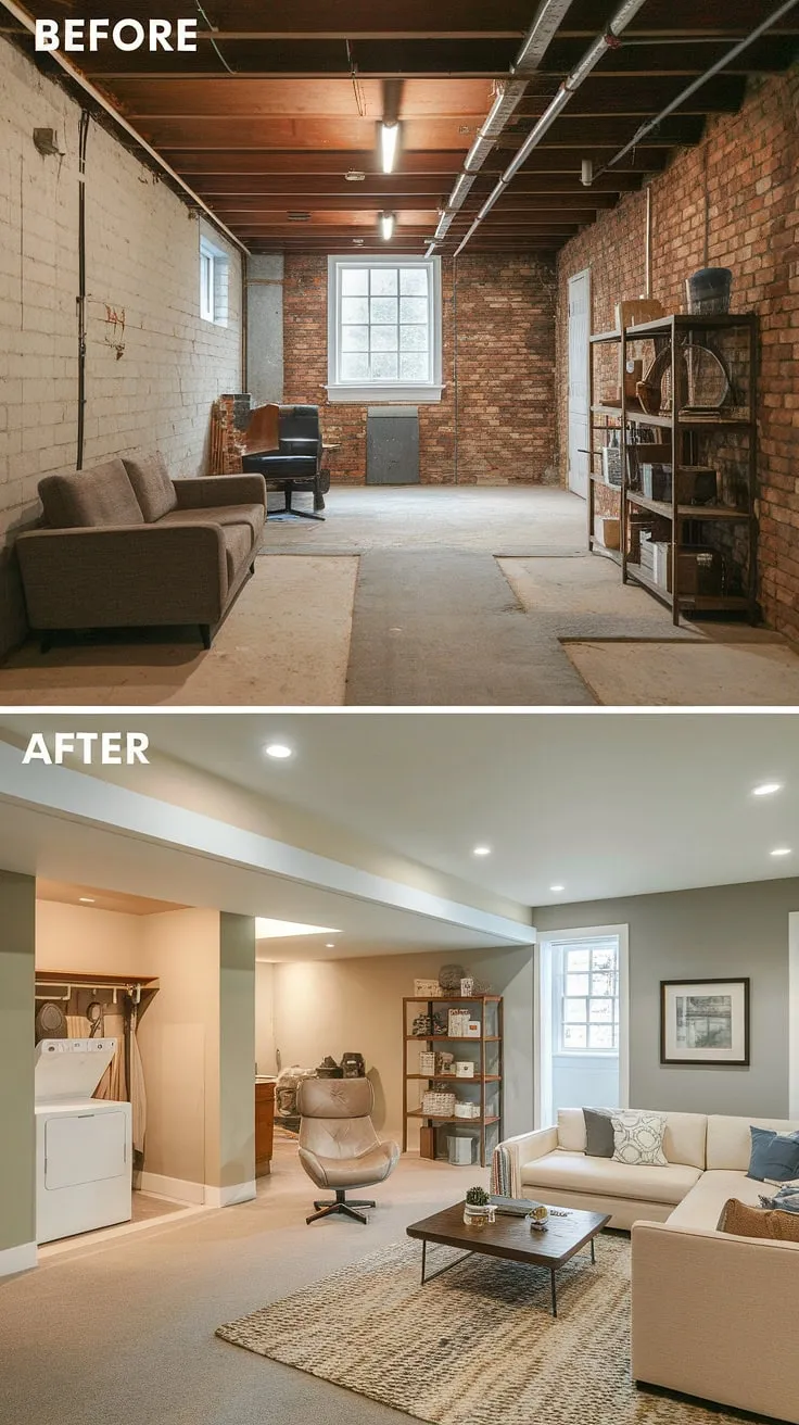 Unbelievable basement rec room transformation! This unfinished basement before and after reveals how we converted a cluttered space into a functional and stylish rec room with a practical basement laundry room. Get inspired by our basement laundry ideas and downstairs basement ideas for your own unfinished basement.
