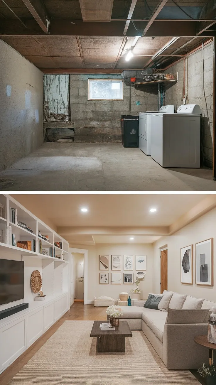 From unfinished basement laundry room to cozy basement rec room. This basement before and after showcases incredible basement design ideas, transforming a dreary space with laundry in basement into a functional and stylish downstairs basement ideas.