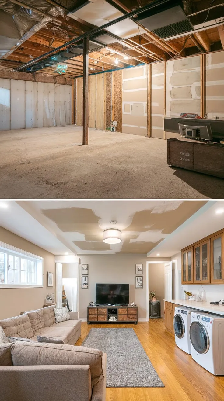 From unfinished basement to ultimate basement rec room! This basement design ideas project transformed a bare space into a cozy entertainment hub, complete with a functional and stylish unfinished basement laundry room. See the incredible unfinished basement before and after.