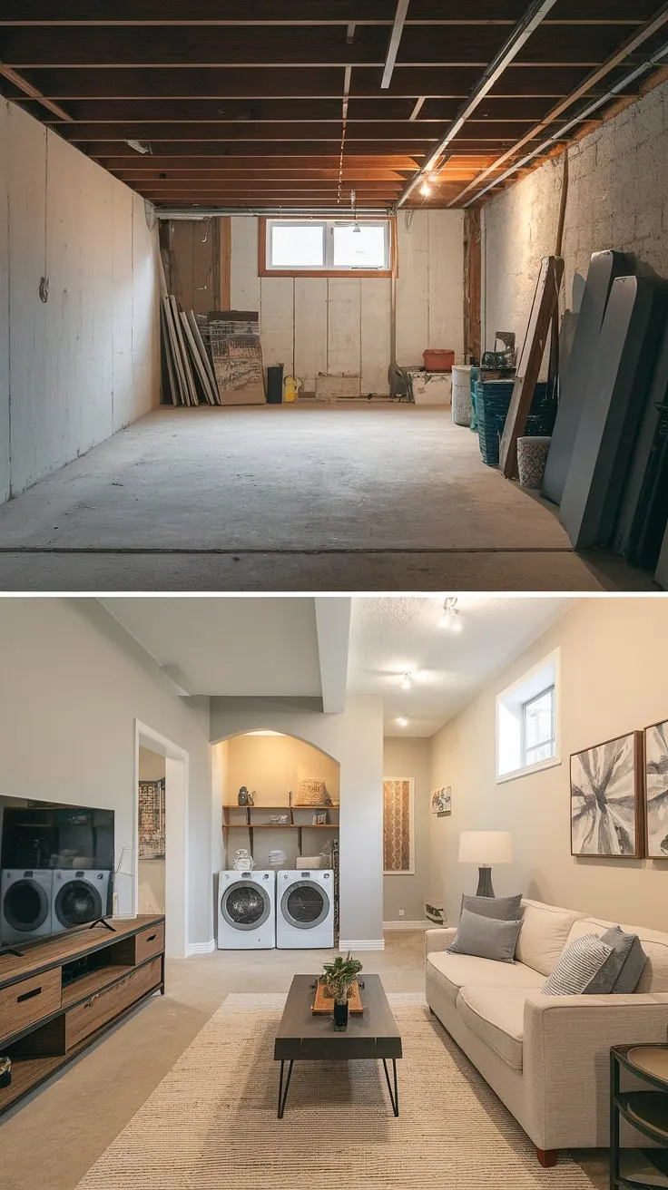 Unbelievable unfinished basement transformation! This before and after reveals how we created a cozy basement rec room and practical unfinished basement laundry room. Get inspired by our basement design ideas and basement laundry ideas for your own downstairs basement ideas. This project proves that even an unfinished basement can become a stunning addition to your home.