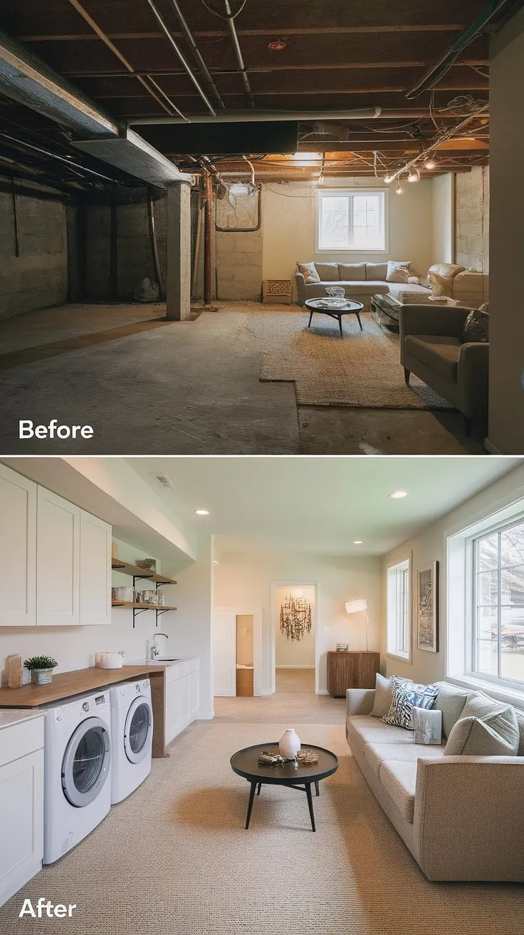 From dark and unfinished to bright and inviting! This unfinished basement before and after showcases a complete transformation into a cozy basement rec room and a practical unfinished basement laundry room. The before picture reveals a typical unfinished basement, with exposed pipes and a concrete floor. Our basement laundry ideas focused on creating a functional and stylish laundry in basement area, complete with a washer, dryer, and countertop. The after photo highlights the success of our downstairs basement ideas, transforming the space into a comfortable rec room with plush seating and a TV. This project is a perfect example of how basement design ideas can turn an unused space into a valuable asset, showcasing the potential of even the most challenging unfinished basement.