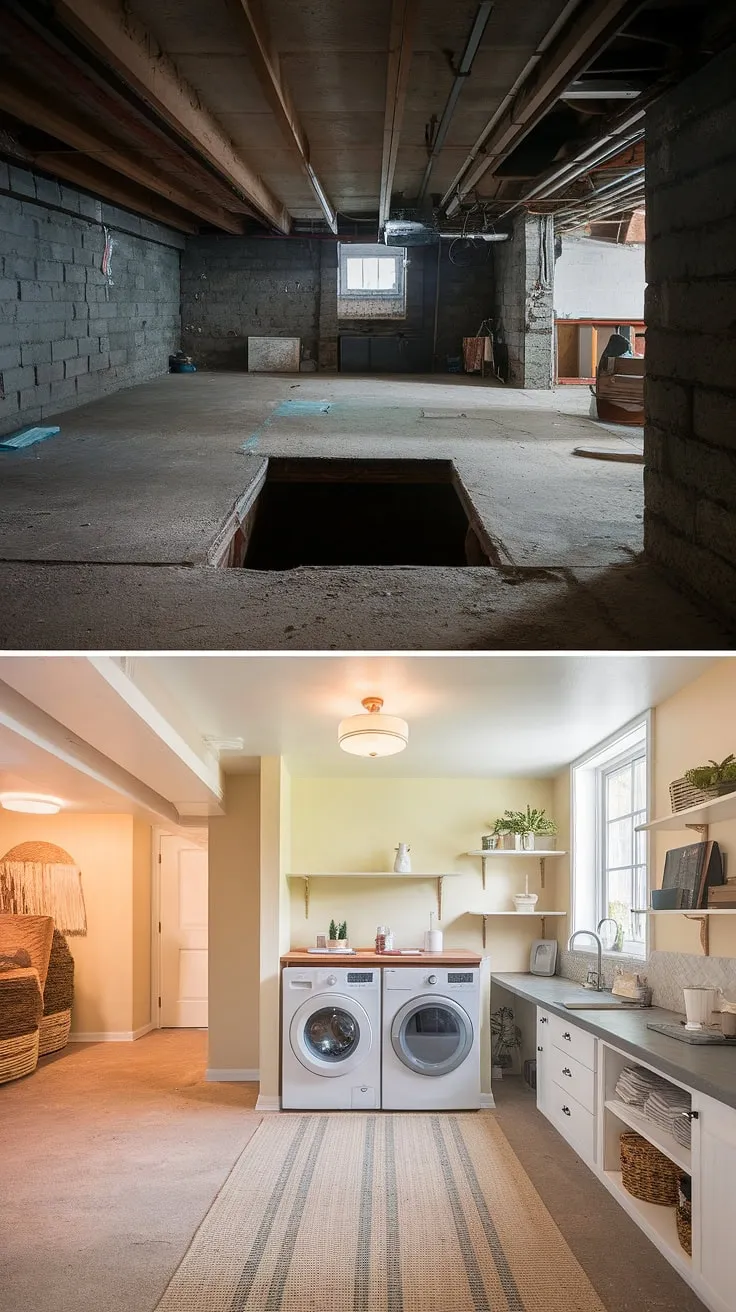 From unfinished basement to dream basement rec room! This unfinished basement before and after showcases amazing basement design ideas, including a functional basement laundry room and clever solutions for laundry in basement. Downstairs basement ideas don't get much better than this.