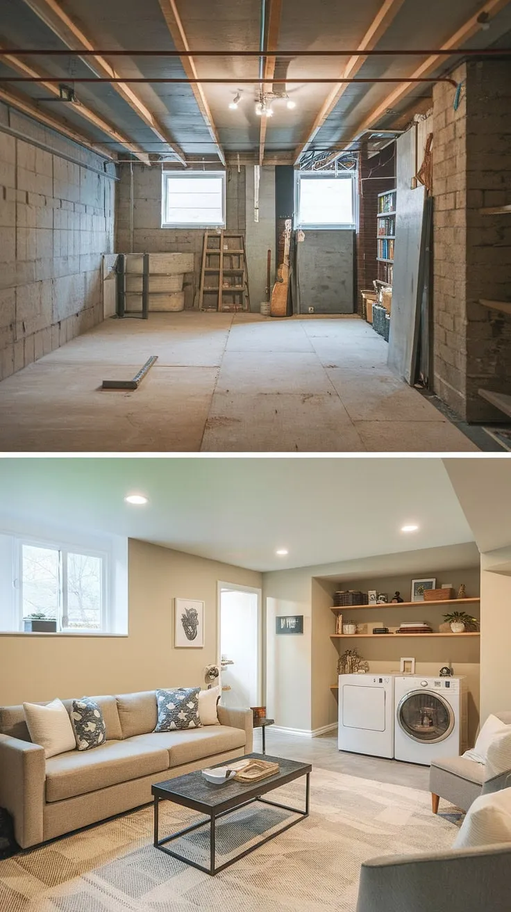 From unfinished basement to cozy basement rec room! This unfinished basement before and after showcases clever basement design ideas, including a functional unfinished basement laundry room and smart basement laundry ideas. See how we transformed this space, proving that even a laundry in basement can be stylish. Downstairs basement ideas don't get much better than this.