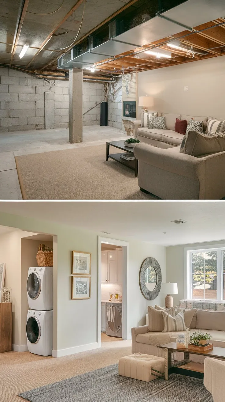 From unfinished basement to dream basement rec room! This unfinished basement before and after showcases clever basement design ideas, including a functional basement laundry room and stylish downstairs basement ideas. See how we transformed this space, tackling laundry in basement challenges with innovative basement laundry ideas.