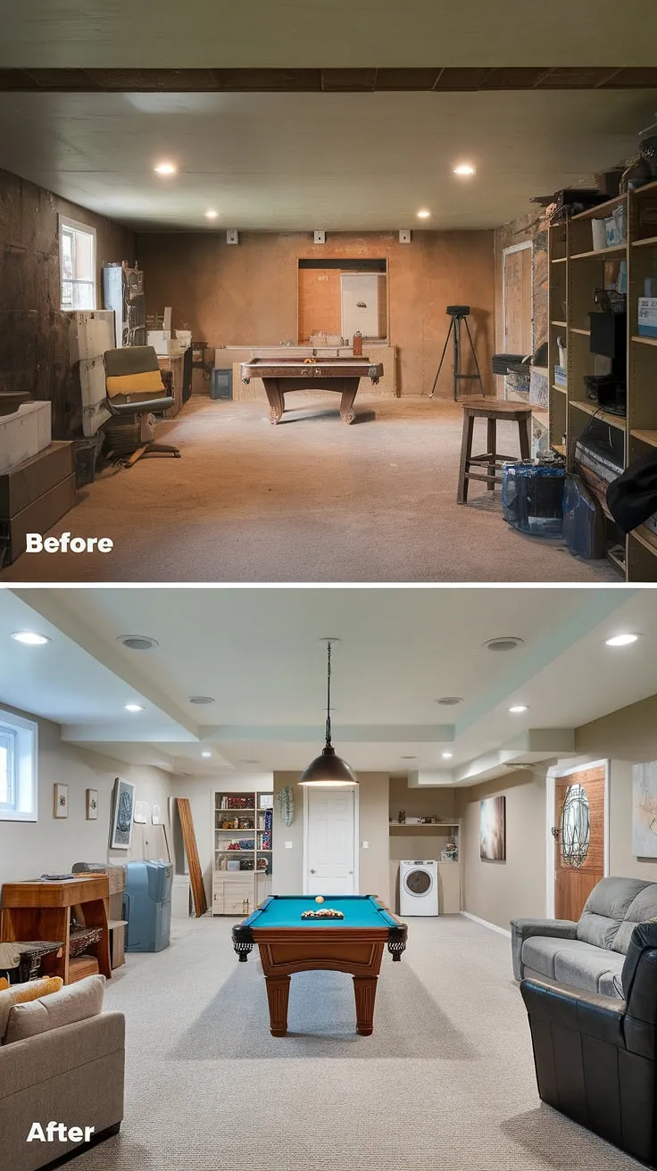 This unfinished basement before and after showcases a stunning transformation. The dusty, cluttered space, once filled with old furniture and boxes, is now a fantastic basement rec room complete with a pool table, comfortable couches, and a large TV. Clever basement design ideas maximized the space, even incorporating a functional and stylish basement laundry room with washer and dryer, proving that laundry in basement doesn't have to be drab. This downstairs basement ideas project is a testament to how an unfinished basement can be repurposed into a fun and practical living area. The addition of new lighting and carpeting completes the look.