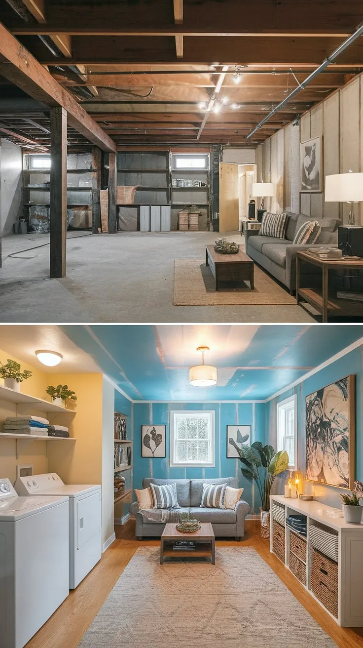 Unbelievable unfinished basement before and after! This basement rec room makeover is a masterclass in basement design ideas. The original unfinished basement, with its concrete floor and exposed beams, is unrecognizable after the transformation. The addition of a well-integrated unfinished basement laundry room, complete with a countertop for folding, is a brilliant use of space. This project is full of inspiration for anyone considering a basement laundry room or looking for downstairs basement ideas, proving that even laundry in basement can be stylish and functional.