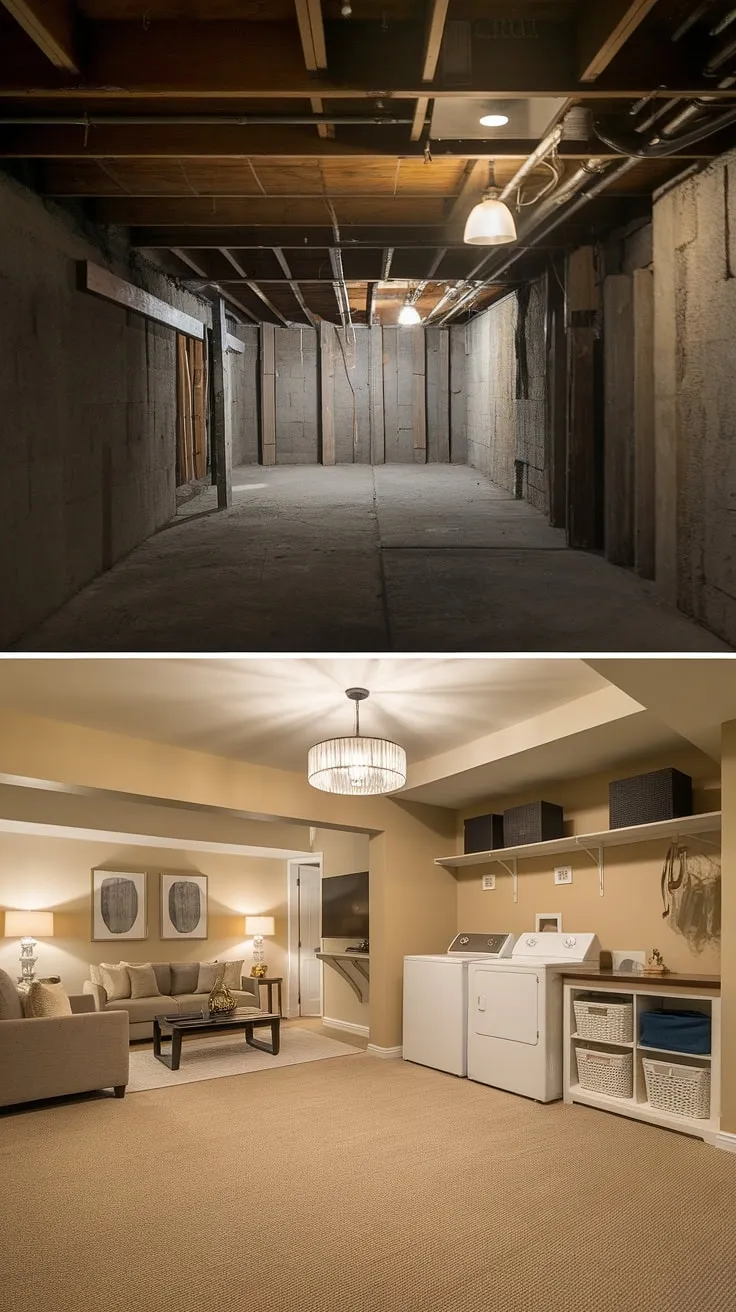From dark and unfinished to a cozy basement rec room and functional laundry area. This unfinished basement before and after showcases amazing basement design ideas, transforming a forgotten space into a must-have downstairs basement addition. Perfect basement laundry ideas for maximizing your laundry in basement.