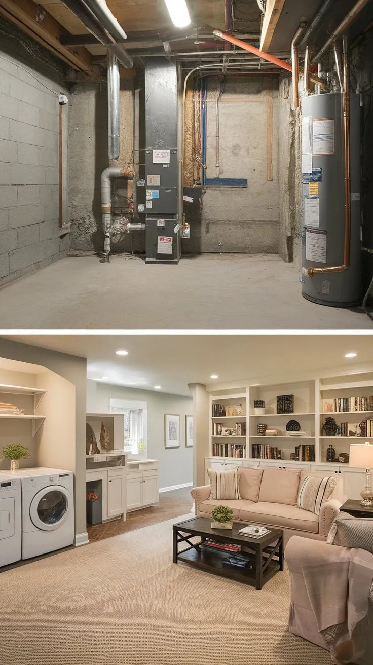From unfinished basement to dream space! This before-and-after reveals the incredible potential of an unfinished basement. The bare concrete and exposed mechanicals are a distant memory, replaced by a welcoming basement rec room featuring plush furniture and a thoughtfully designed unfinished basement laundry room. This basement laundry room seamlessly integrates laundry in basement while showcasing smart basement laundry ideas. This project is full of inspiration for basement design ideas and proves that even the most challenging downstairs basement ideas can be realized with vision and planning.