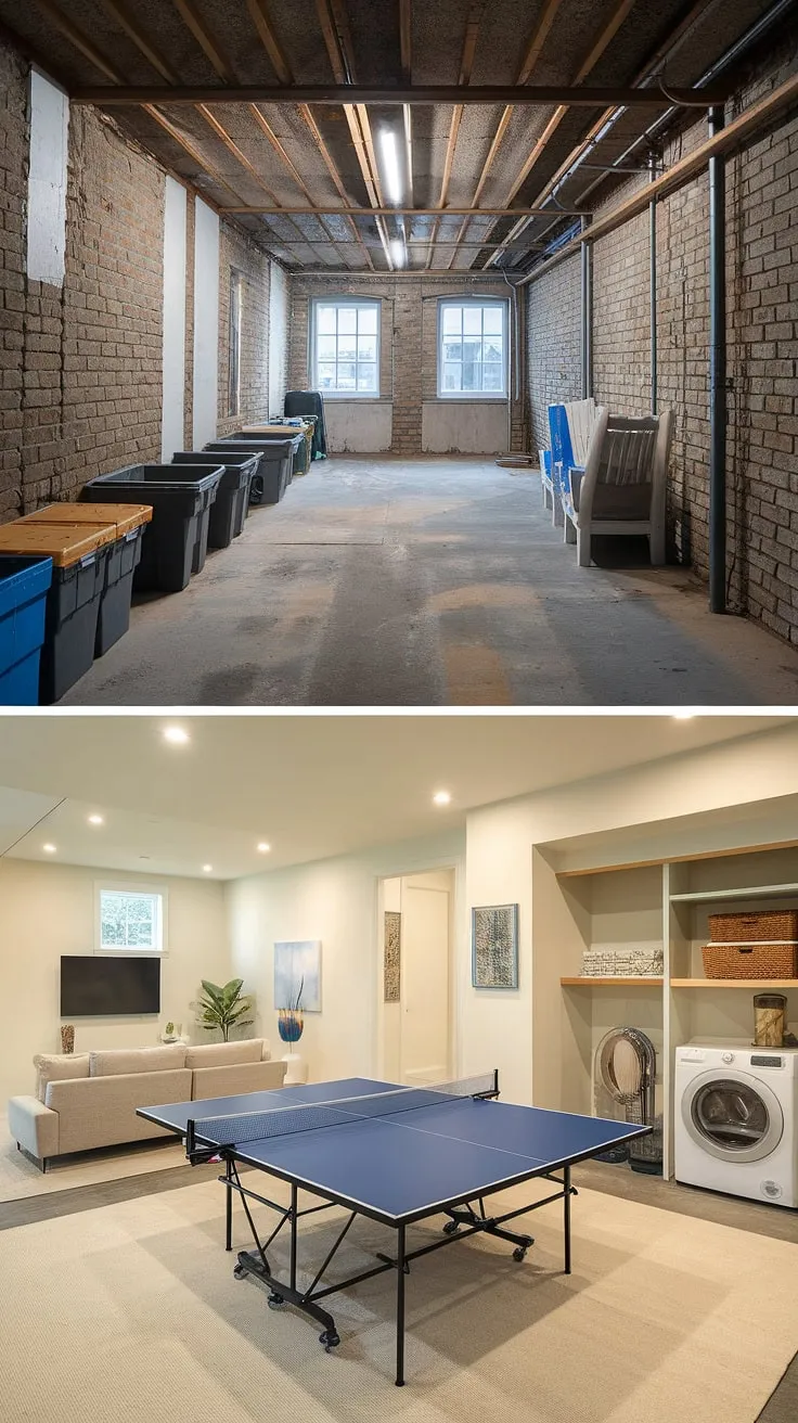 From unfinished basement to ultimate entertainment hub! This before and after showcases the incredible transformation of a dark, unfinished basement into a bright and inviting basement rec room and laundry room. The before photo depicts the typical unfinished basement: exposed brick, concrete floor, and minimal storage. The after photo is a testament to creative basement design ideas, featuring a stylish rec room with a comfortable seating area and a ping pong table, plus a practical and aesthetically pleasing unfinished basement laundry room. This project offers excellent basement laundry ideas and solutions for laundry in basement, making the most of downstairs basement ideas. This unfinished basement before and after is a perfect example of how to turn an unused space into a valuable asset.